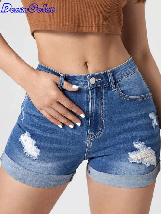 Denimcolab 2024 New High Elastic Women's Denim Shorts With Ripped Roll Up Mid Waist Short Jeans Ladies Streetwear Denim Shorts Couture Cozy