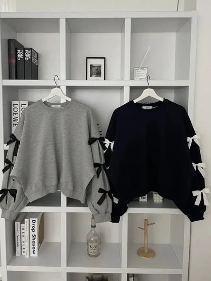 [EWQ] New Fashion O Neck Loose Bow Long Sleeve Hoodie Korea Chic Gray Navy Blue Sweatshirt For Women 2024 Spring Autumn 16U8360 Couture Cozy