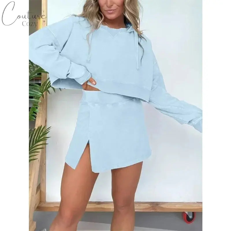 Elegant Chic Fashion Long Sleeve Hooded Sweatshirt Skirt Suit Outfits 2024 Autumn Winter Women Hoodies Two Piece Set Couture Cozy