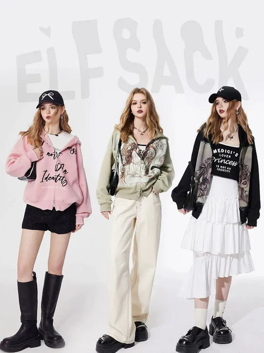 Elf Sack Print Loose Cropped Hoodie