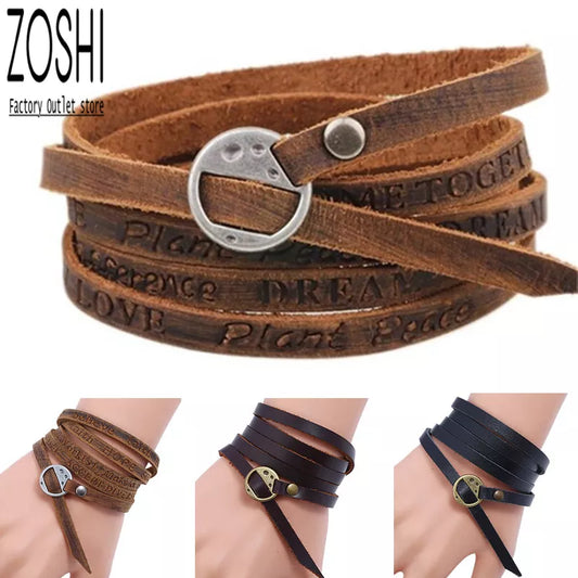 Black/Brown Vintage Bohemian style jewelery multilayer wrap genuine leather bracelet for men and women Embossing letter bracelet