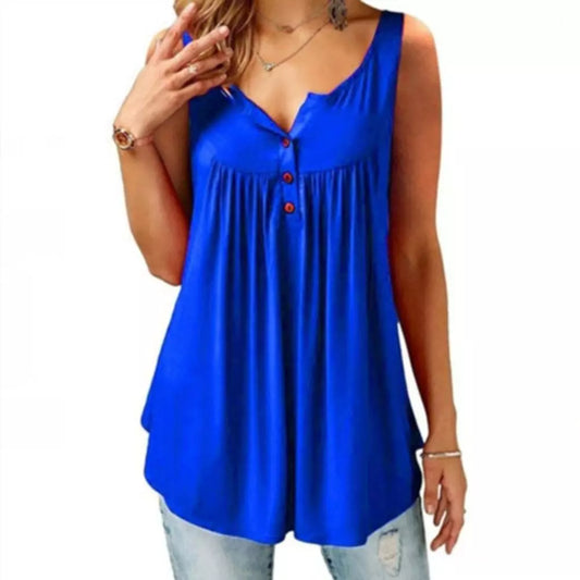 Hot Women Tank Top Loose Solid U Neck Female Camisole Sleeveless Pleated Tank Top Ladies Button 2020 summer women Loose Vest