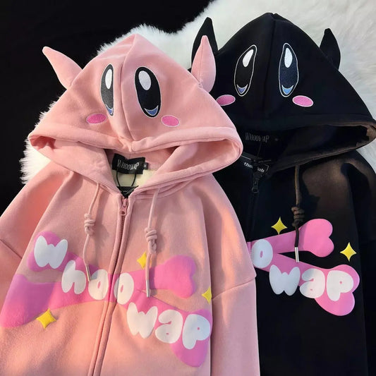 Harajuku Devil Embroidery Hoodies Women Japanese Sweet Streetwear Cartoon Loose Sweatshirt Couple Zip Up Hoodie Goth Y2k Clothes Couture Cozy