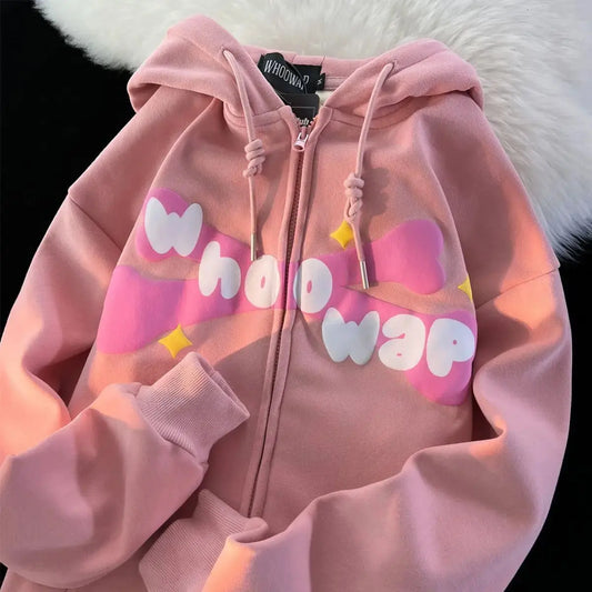 Harajuku Devil Embroidery Hoodies Women Japanese Sweet Streetwear Cartoon Loose Sweatshirt Couple Zip Up Hoodie Goth Y2k Clothes Couture Cozy