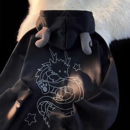 Harajuku New Zip Up Hoodie Year of The Dragon Embroidered Hoodies Long Sleeve Pullover Clothes Couple Velvet Sweatshirt Hoodie Couture Cozy