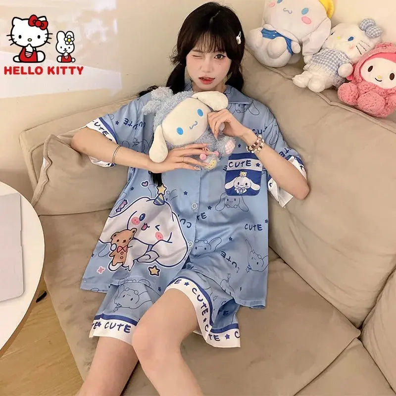 Hello Kitty Melody Kuromi Cinnamoroll New Ice Silk Women Pajamas Summer Short Sleeve Shorts Two-piece Cute Student Home Wear Couture Cozy