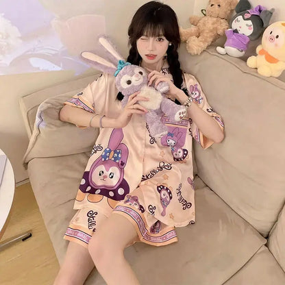 Hello Kitty Melody Kuromi Cinnamoroll New Ice Silk Women Pajamas Summer Short Sleeve Shorts Two-piece Cute Student Home Wear Couture Cozy