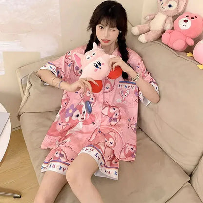 Hello Kitty Melody Kuromi Cinnamoroll New Ice Silk Women Pajamas Summer Short Sleeve Shorts Two-piece Cute Student Home Wear Couture Cozy