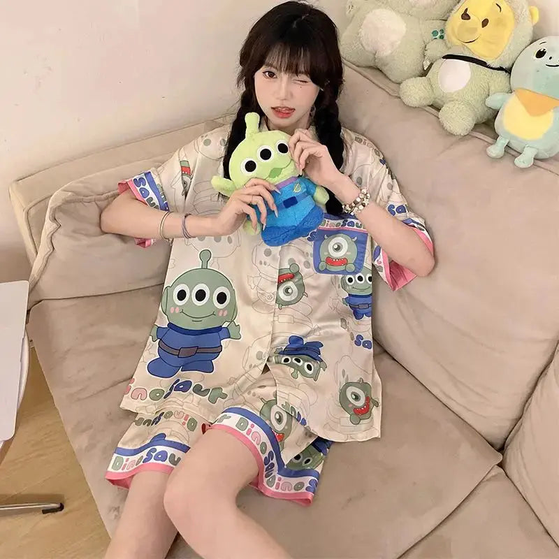 Hello Kitty Melody Kuromi Cinnamoroll New Ice Silk Women Pajamas Summer Short Sleeve Shorts Two-piece Cute Student Home Wear Couture Cozy