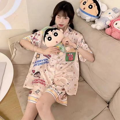 Hello Kitty Melody Kuromi Cinnamoroll New Ice Silk Women Pajamas Summer Short Sleeve Shorts Two-piece Cute Student Home Wear Couture Cozy