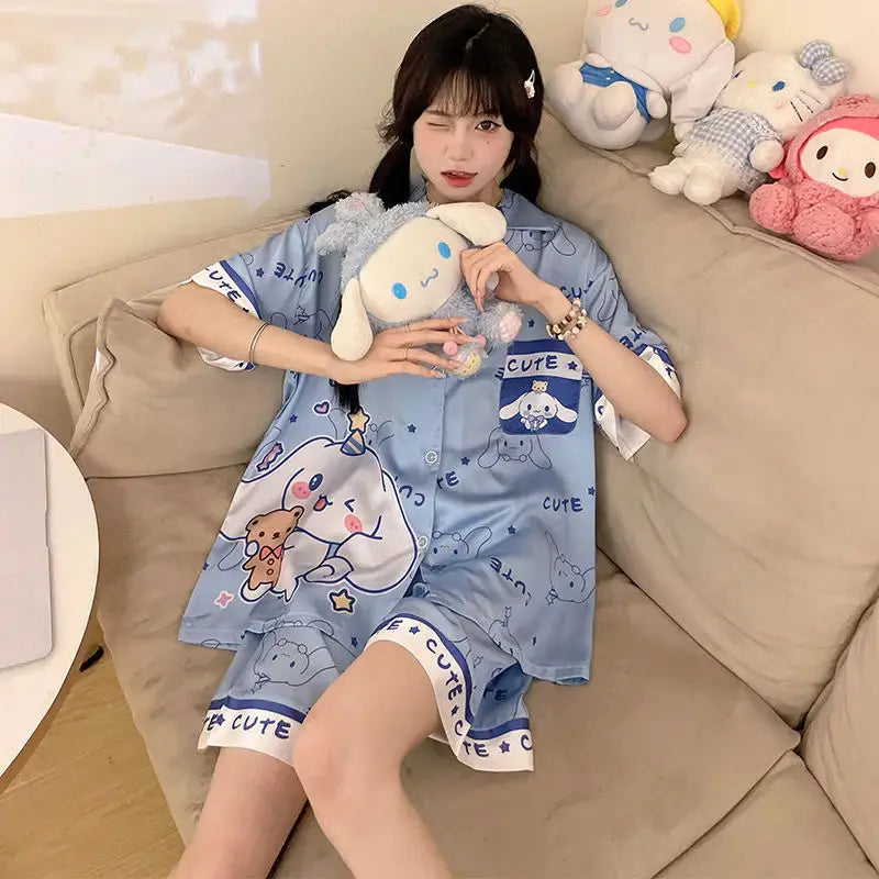 Hello Kitty Melody Kuromi Cinnamoroll New Ice Silk Women Pajamas Summer Short Sleeve Shorts Two-piece Cute Student Home Wear Couture Cozy