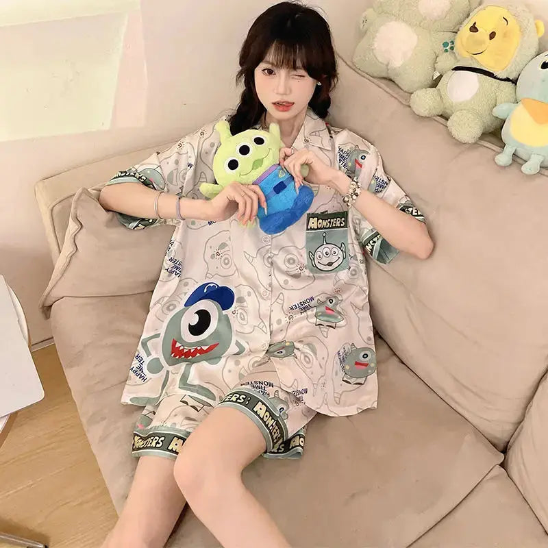 Hello Kitty Melody Kuromi Cinnamoroll New Ice Silk Women Pajamas Summer Short Sleeve Shorts Two-piece Cute Student Home Wear Couture Cozy