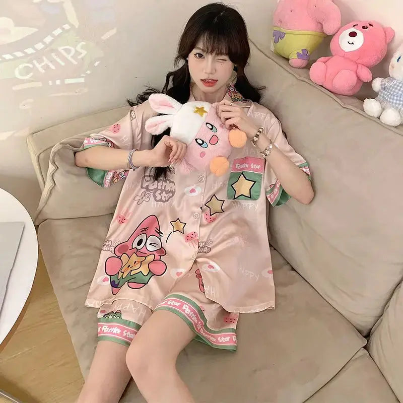 Hello Kitty Melody Kuromi Cinnamoroll New Ice Silk Women Pajamas Summer Short Sleeve Shorts Two-piece Cute Student Home Wear Couture Cozy