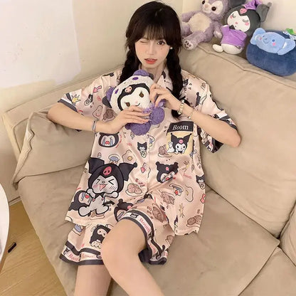 Hello Kitty Melody Kuromi Cinnamoroll New Ice Silk Women Pajamas Summer Short Sleeve Shorts Two-piece Cute Student Home Wear Couture Cozy