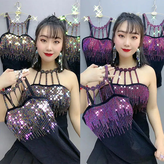 2023 New Creative Shiny Set Auger Vest Women Fashion Trendy with Pad Sling Lady Nightclub Bar Personality Tops Woman Clothing