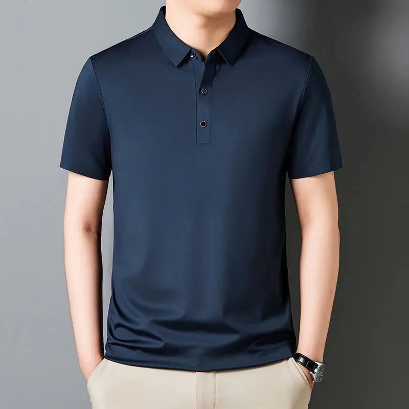 High quality men's short sleeved POLO shirt, summer solid color silk breathable and comfortable, youth casual business T-shirt