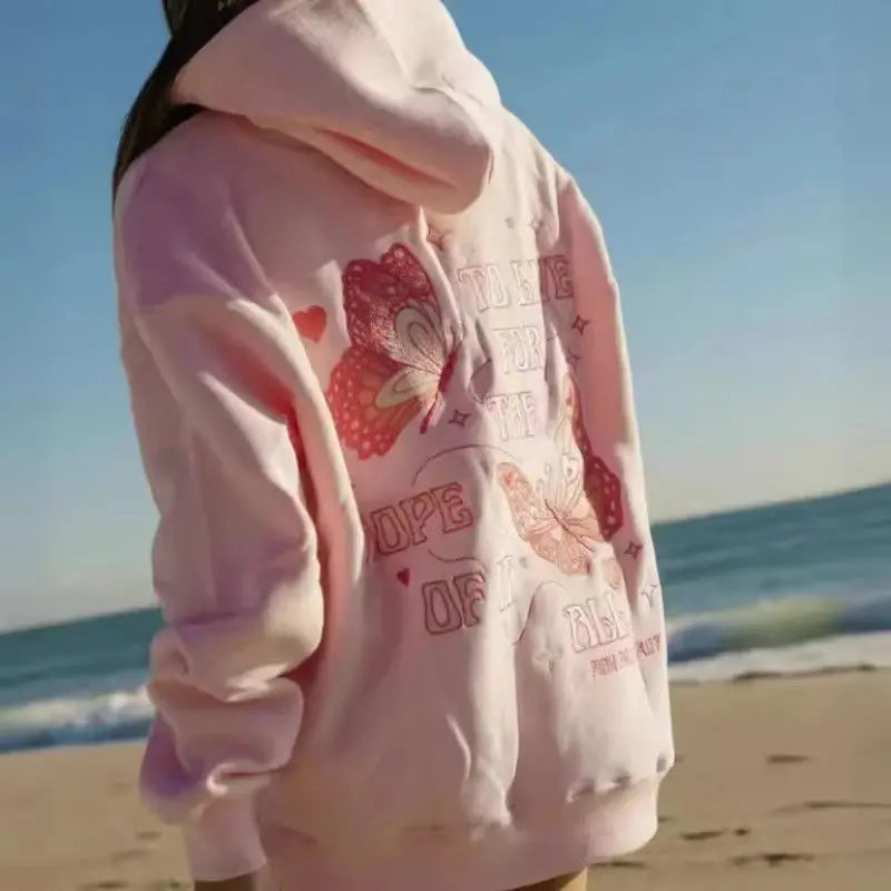 Hip Hop Street PINK PALM PUFF Printed Female Hoodies Fashion Hoodie Oversize Loose New Sweatshirts Autumn Warm Fleece Clothing Couture Cozy