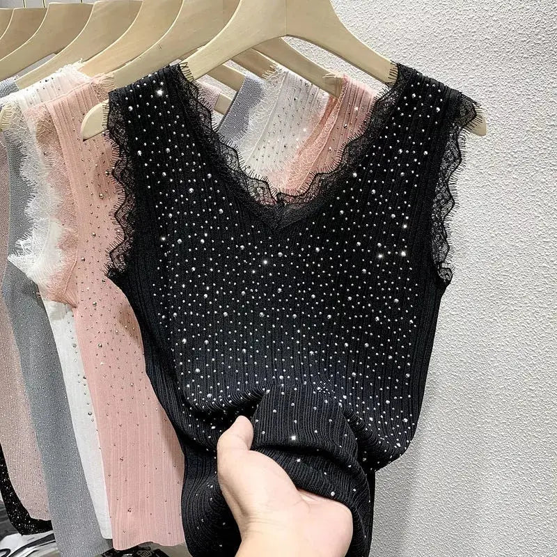 Hot Drill Ice Silk Lady Vest Women's Summer Thin Knit Sleeveless Vest Top Lace Top Y2k Tops Women Clothing Couture Cozy