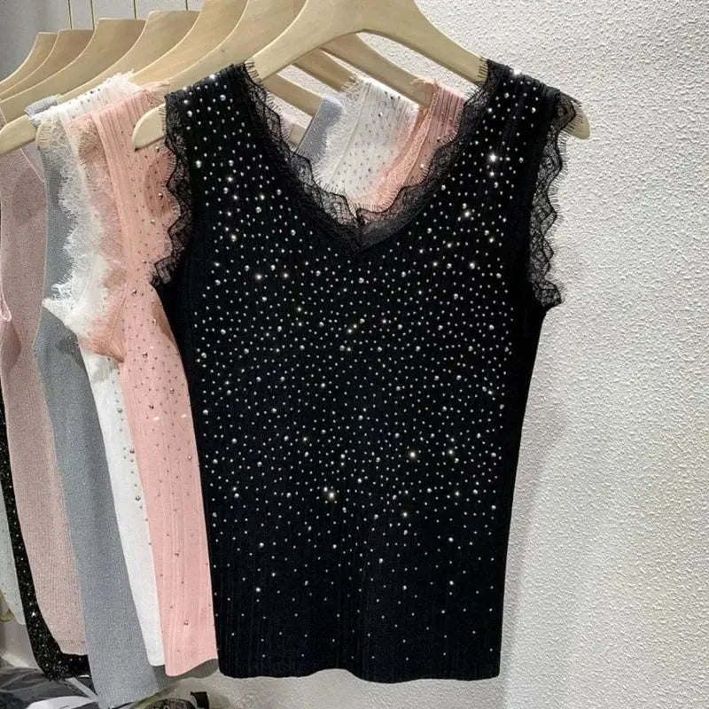 Hot Drill Ice Silk Lady Vest Women's Summer Thin Knit Sleeveless Vest Top Lace Top Y2k Tops Women Clothing Couture Cozy