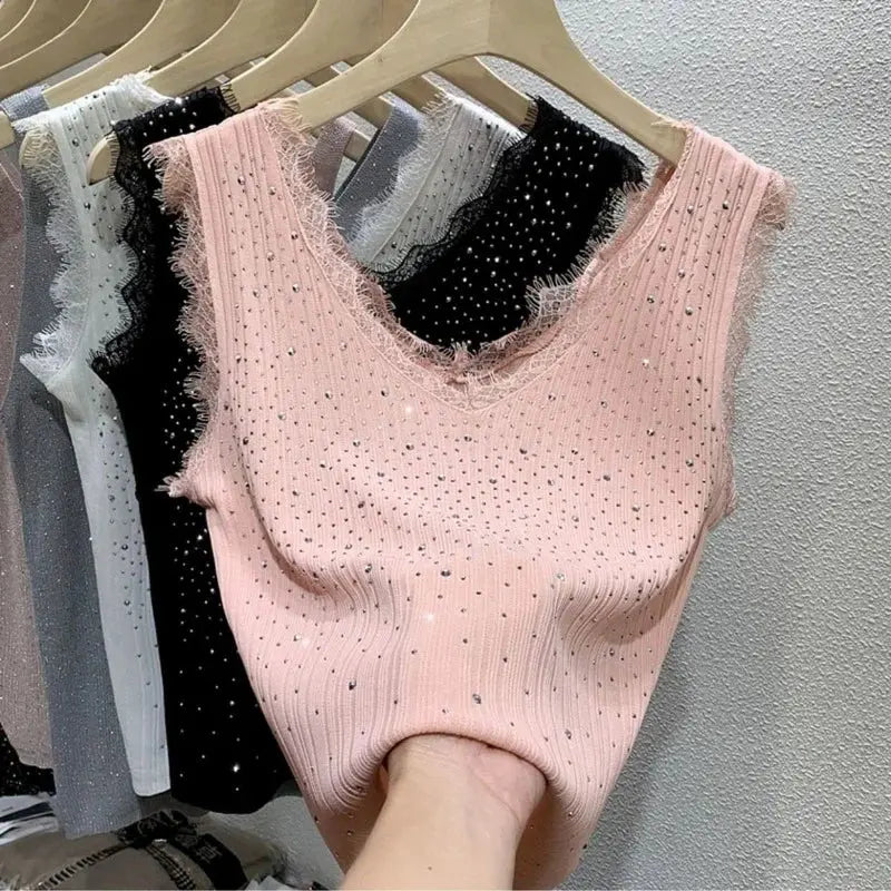 Hot Drill Ice Silk Lady Vest Women's Summer Thin Knit Sleeveless Vest Top Lace Top Y2k Tops Women Clothing Couture Cozy