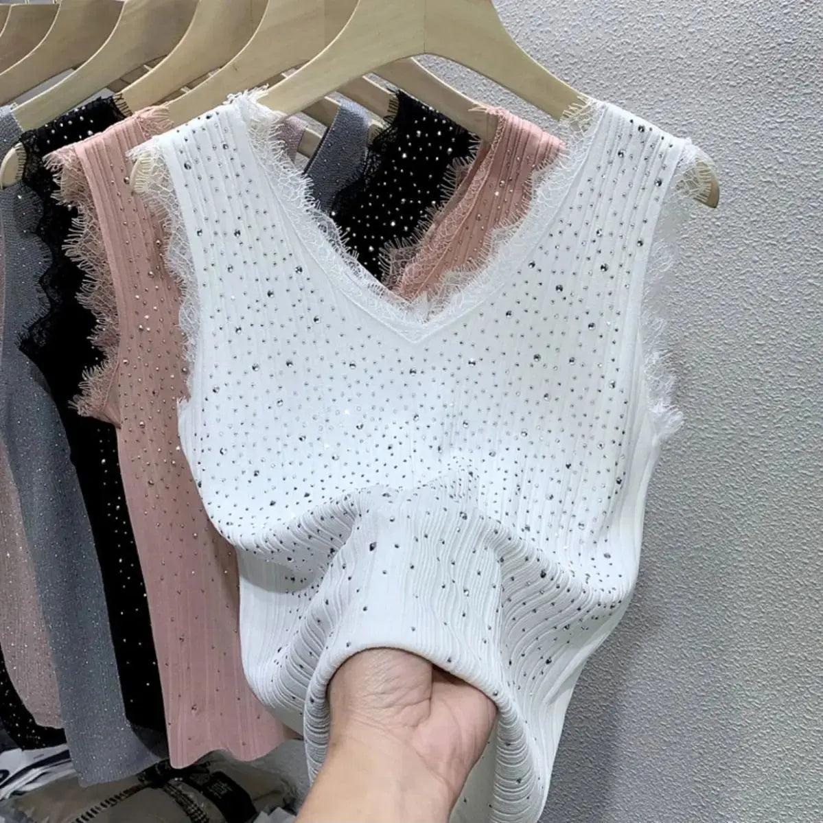 Hot Drill Ice Silk Lady Vest Women's Summer Thin Knit Sleeveless Vest Top Lace Top Y2k Tops Women Clothing - Couture Cozy