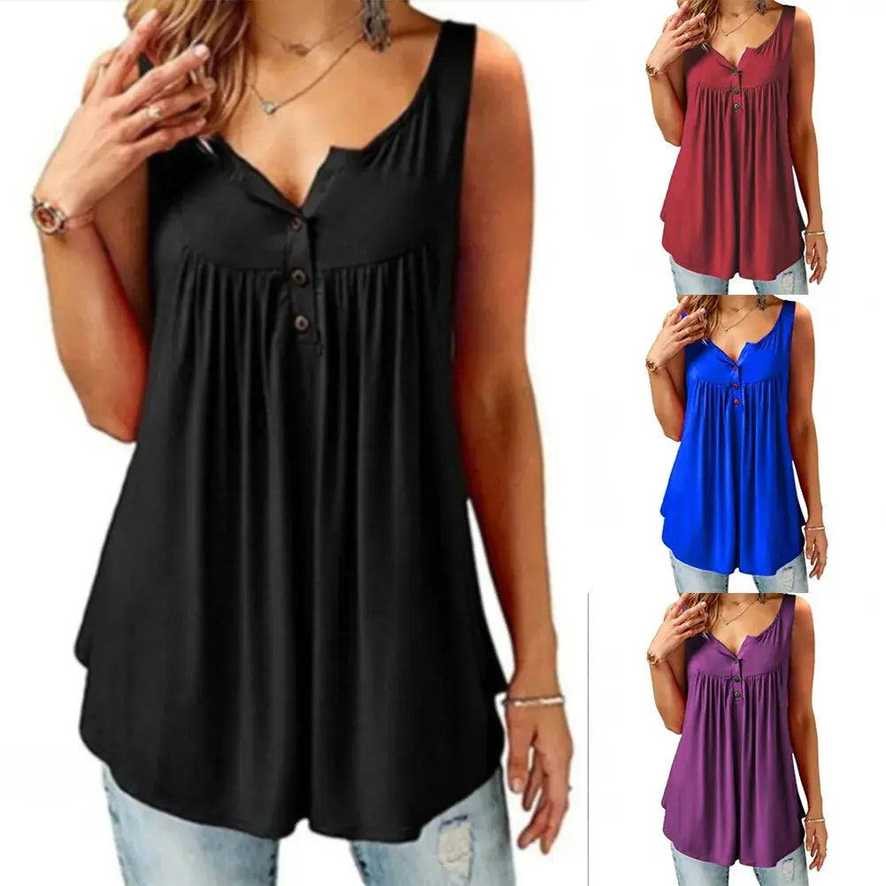 Hot Women Tank Top Loose Solid U Neck Female Camisole Sleeveless Pleated Tank Top Ladies Button 2020 summer women Loose Vest Couture Cozy