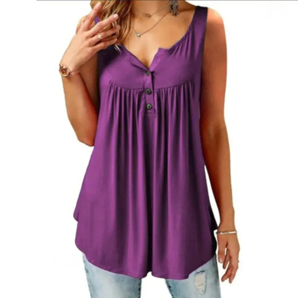 Hot Women Tank Top Loose Solid U Neck Female Camisole Sleeveless Pleated Tank Top Ladies Button 2020 summer women Loose Vest Couture Cozy