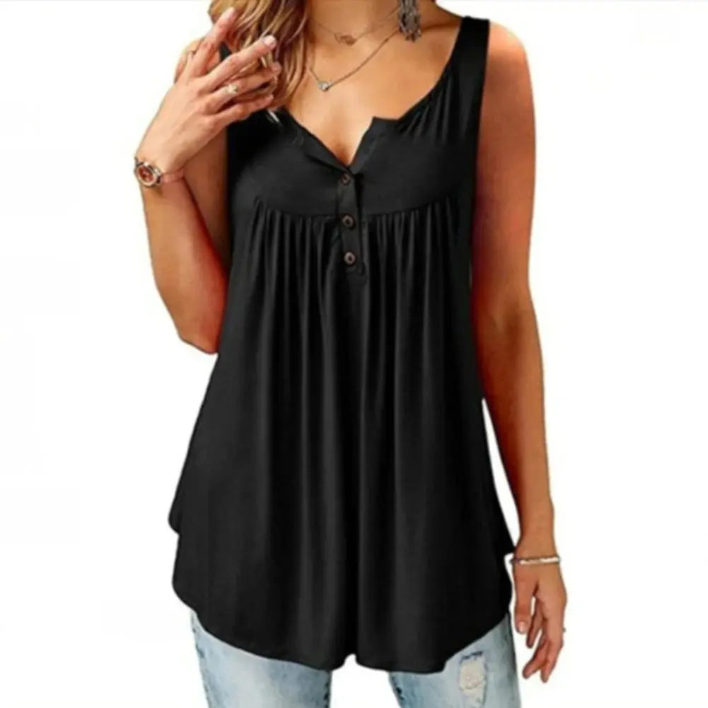 Hot Women Tank Top Loose Solid U Neck Female Camisole Sleeveless Pleated Tank Top Ladies Button 2020 summer women Loose Vest Couture Cozy