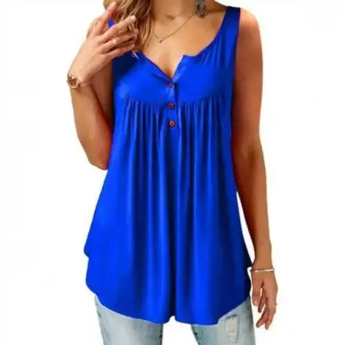 Hot Women Tank Top Loose Solid U Neck Female Camisole Sleeveless Pleated Tank Top Ladies Button 2020 summer women Loose Vest - Couture Cozy