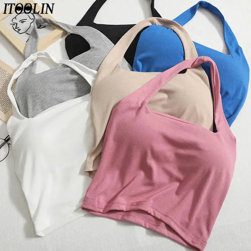 ITOOLIN Women Cross Halter Tank Tops With Bra Pad Y2K Crop Tops Knitted Solid Backless Camis For Women Sexy Tops Summer 2023 Couture Cozy