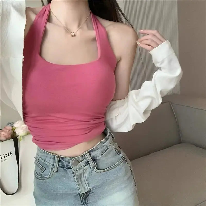 ITOOLIN Women Cross Halter Tank Tops With Bra Pad Y2K Crop Tops Knitted Solid Backless Camis For Women Sexy Tops Summer 2023 Couture Cozy