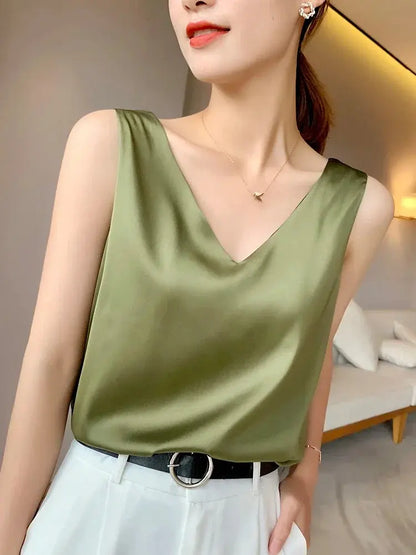 Ice Silk Camisole Women's V-neck Tops White Satin Camis Mulberry Summer Ladies' Crop Top Women Solid Blouse Vest - Couture Cozy