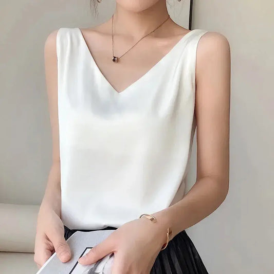 Ice Silk Camisole Women's V-neck Tops White Satin Camis Mulberry Summer Ladies' Crop Top Women Solid Blouse Vest - Couture Cozy