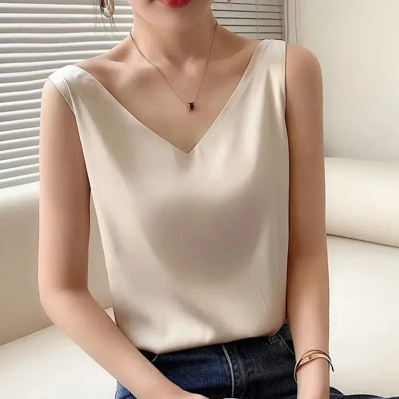 Ice Silk Camisole Women's V-neck Tops White Satin Camis Mulberry Summer Ladies' Crop Top Women Solid Blouse Vest - Couture Cozy