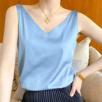 Ice Silk Camisole Women's V-neck Tops White Satin Camis Mulberry Summer Ladies' Crop Top Women Solid Blouse Vest - Couture Cozy