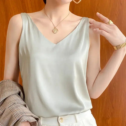 Ice Silk Camisole Women's V-neck Tops White Satin Camis Mulberry Summer Ladies' Crop Top Women Solid Blouse Vest - Couture Cozy