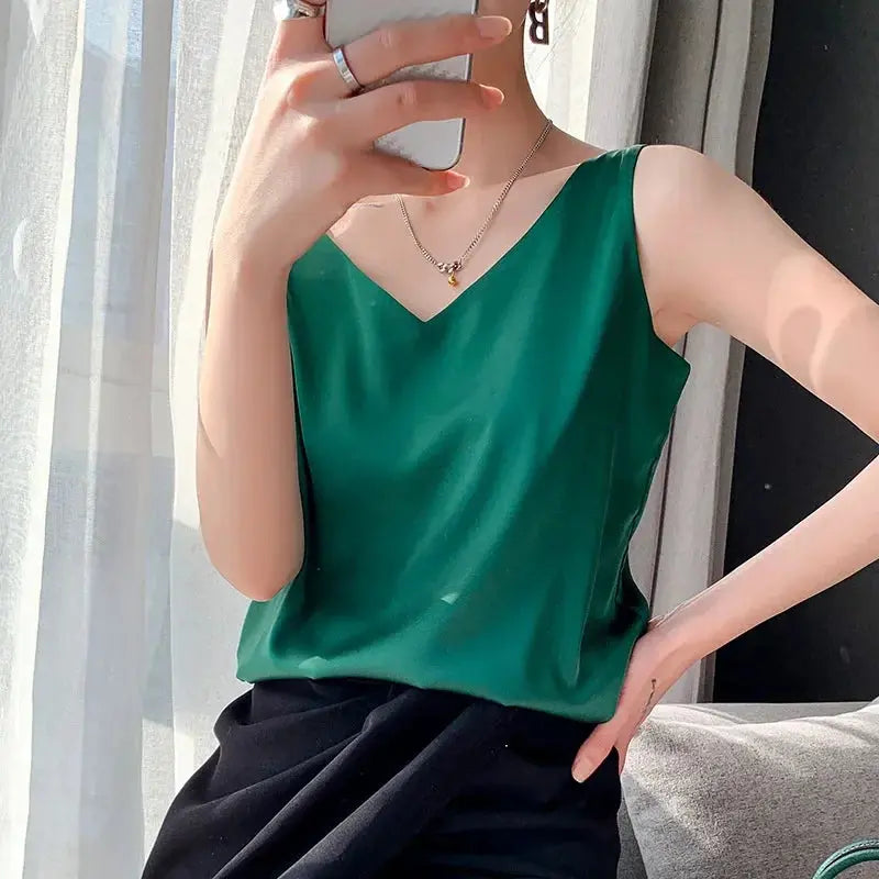 Ice Silk Camisole Women's V-neck Tops White Satin Camis Mulberry Summer Ladies' Crop Top Women Solid Blouse Vest - Couture Cozy