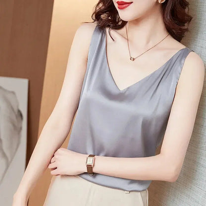 Ice Silk Camisole Women's V-neck Tops White Satin Camis Mulberry Summer Ladies' Crop Top Women Solid Blouse Vest - Couture Cozy