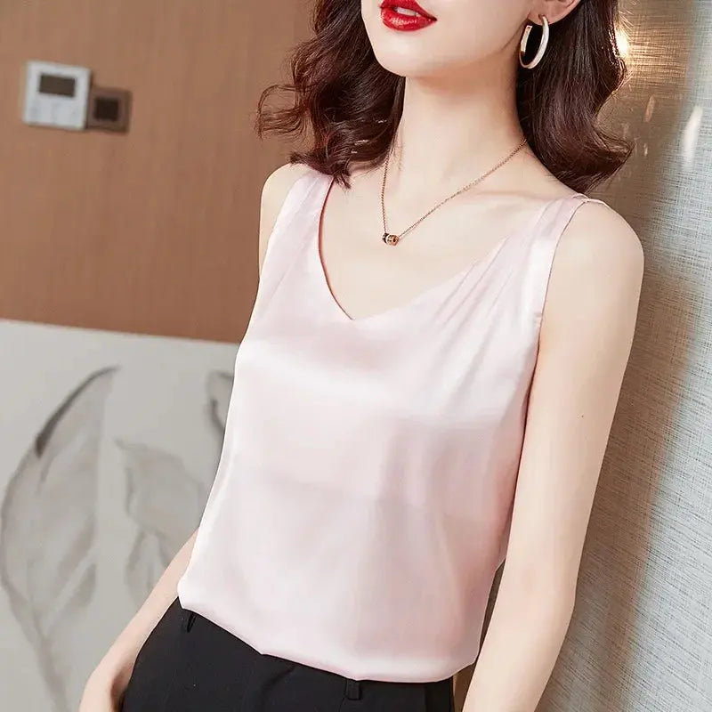 Ice Silk Camisole Women's V-neck Tops White Satin Camis Mulberry Summer Ladies' Crop Top Women Solid Blouse Vest - Couture Cozy