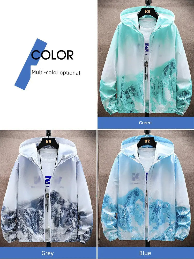 Ice Silk Cool Feeling Sun Protection Clothing Men's Summer Lightweight Breathable Hoodie Snow Mountain Print Outdoor Fishing Sun-Protective Clothing