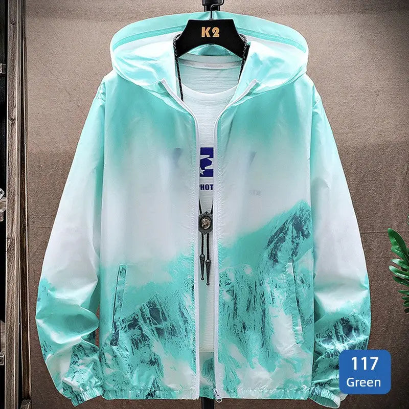 Ice Silk Cool Feeling Sun Protection Clothing Men's Summer Lightweight Breathable Hoodie Snow Mountain Print Outdoor Fishing Sun-Protective Clothing