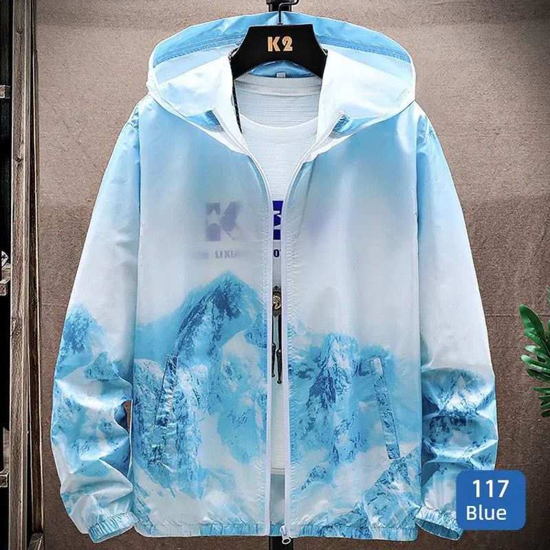 Ice Silk Cool Feeling Sun Protection Clothing Men's Summer Lightweight Breathable Hoodie Snow Mountain Print Outdoor Fishing Sun-Protective Clothing