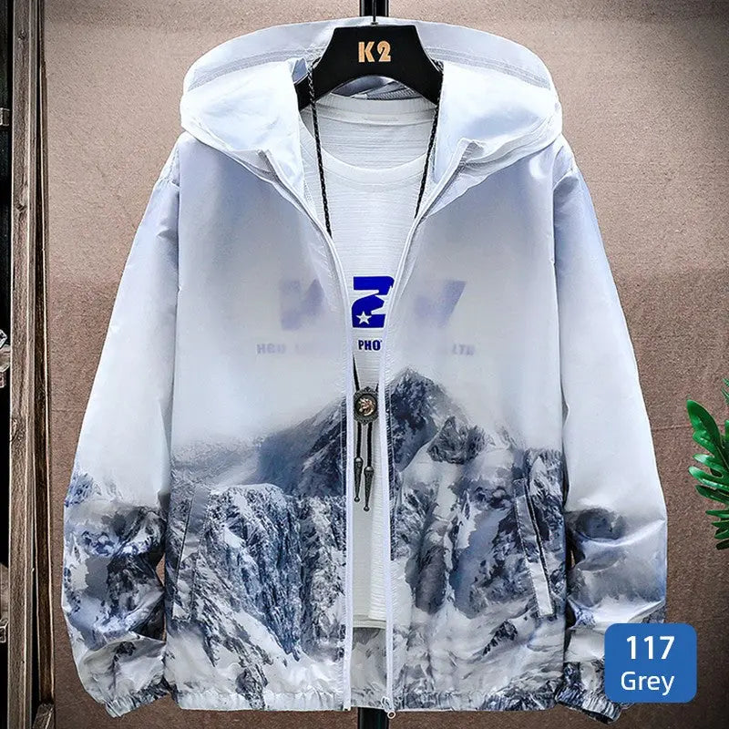 Ice Silk Cool Feeling Sun Protection Clothing Men's Summer Lightweight Breathable Hoodie Snow Mountain Print Outdoor Fishing Sun-Protective Clothing