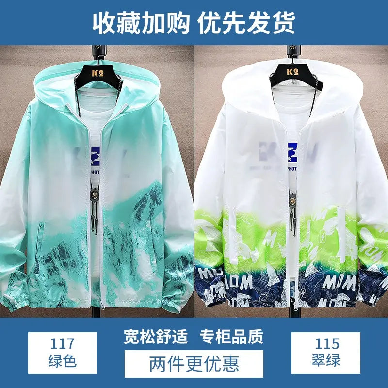 Ice Silk Cool Feeling Sun Protection Clothing Men's Summer Lightweight Breathable Hoodie Snow Mountain Print Outdoor Fishing Sun-Protective Clothing