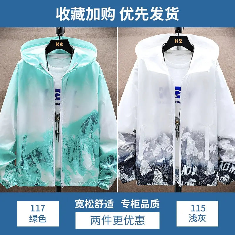 Ice Silk Cool Feeling Sun Protection Clothing Men's Summer Lightweight Breathable Hoodie Snow Mountain Print Outdoor Fishing Sun-Protective Clothing