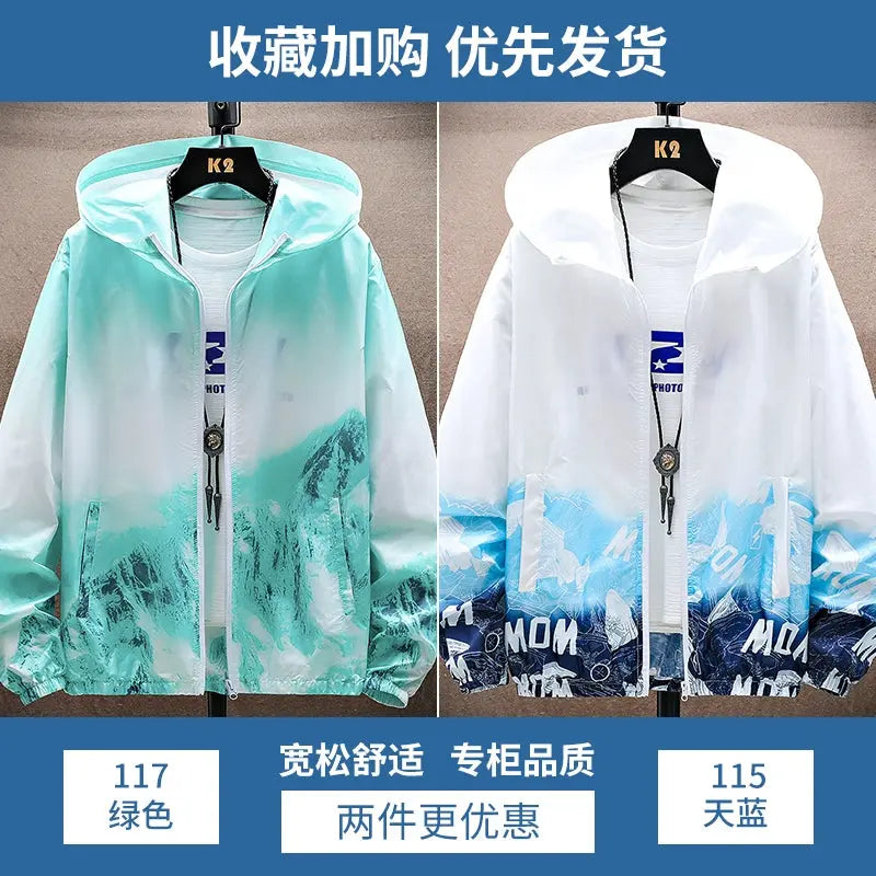 Ice Silk Cool Feeling Sun Protection Clothing Men's Summer Lightweight Breathable Hoodie Snow Mountain Print Outdoor Fishing Sun-Protective Clothing