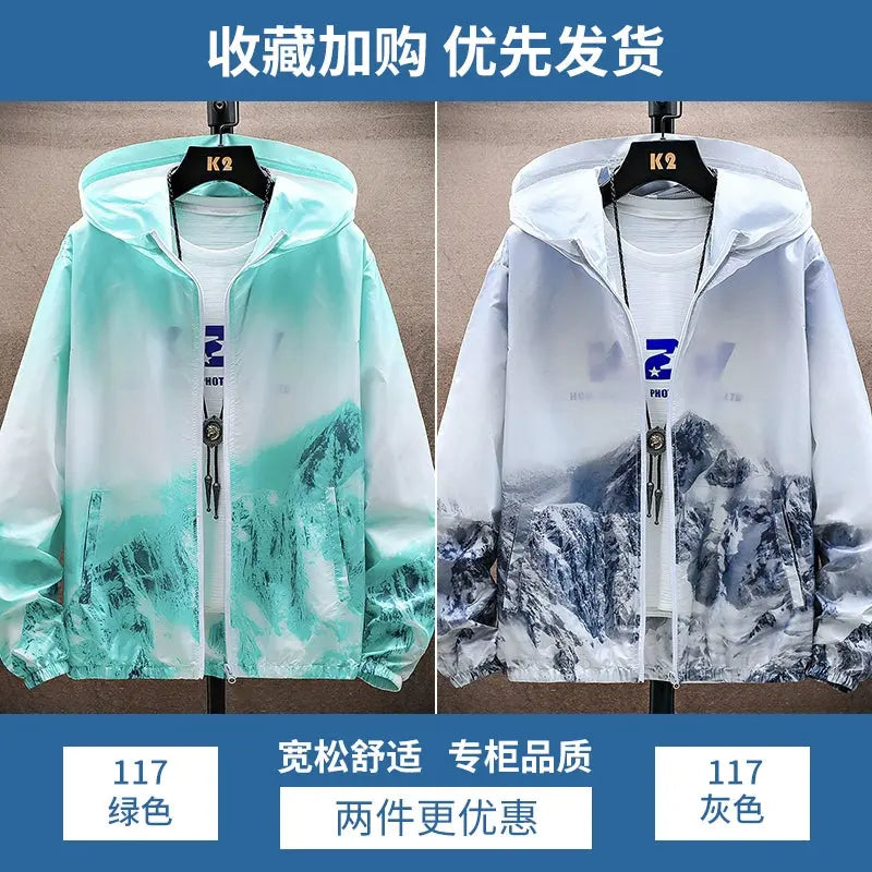 Ice Silk Cool Feeling Sun Protection Clothing Men's Summer Lightweight Breathable Hoodie Snow Mountain Print Outdoor Fishing Sun-Protective Clothing