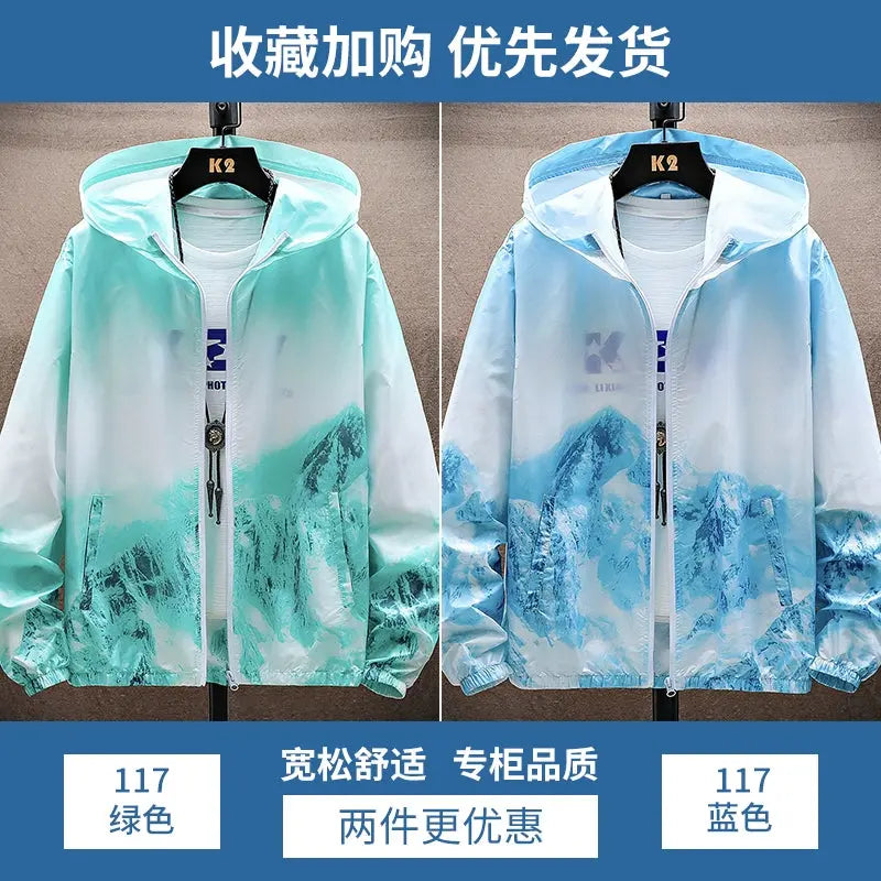 Ice Silk Cool Feeling Sun Protection Clothing Men's Summer Lightweight Breathable Hoodie Snow Mountain Print Outdoor Fishing Sun-Protective Clothing