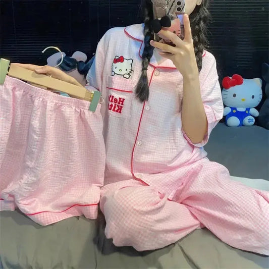 Kawaii Hello Kitty Pajamas Trousers Shorts Three Piece Set MINISO Anime Cinnamoroll Lovely Girl Student Sweet  Leisure Wear New Couture Cozy