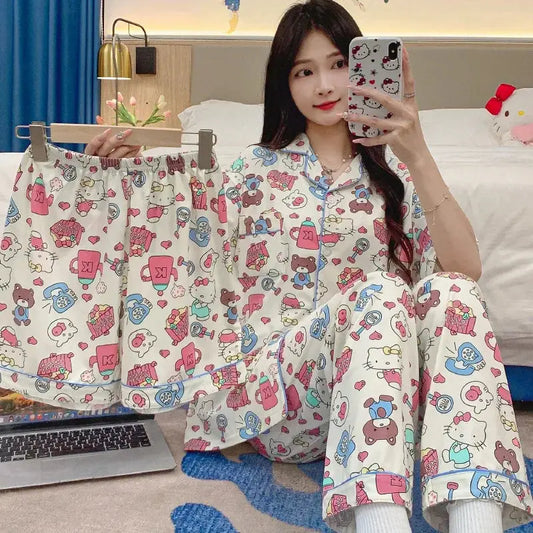 Kawaii Hello Kitty Pajamas Trousers Shorts Three Piece Set MINISO Anime Cinnamoroll Lovely Girl Student Sweet  Leisure Wear New Couture Cozy